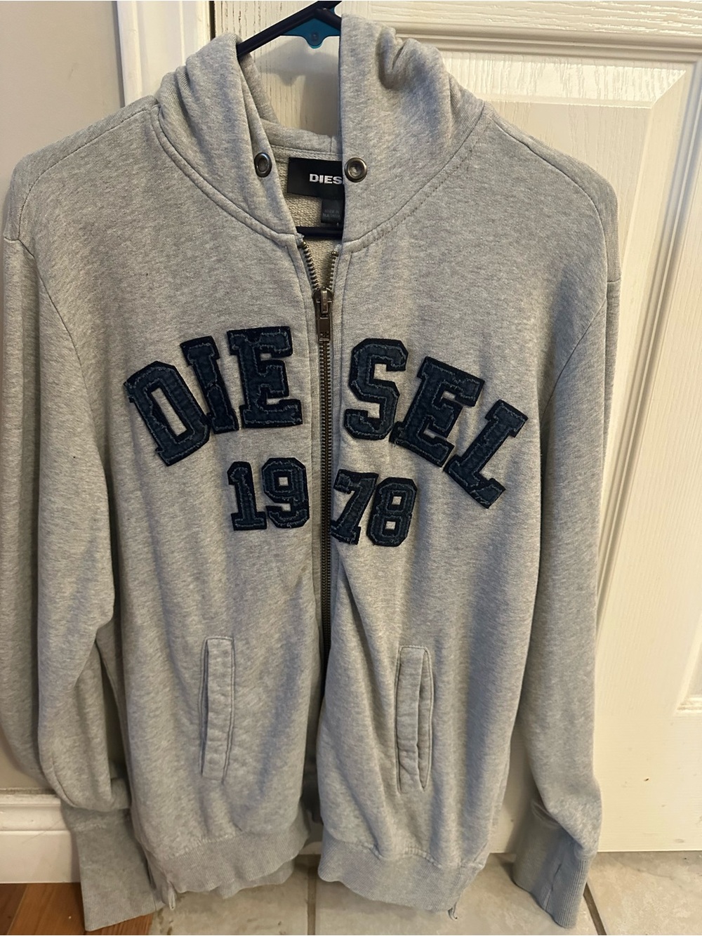 Diesel Light Gray Hooded Zip Sweatshirt with Navy Appliqué